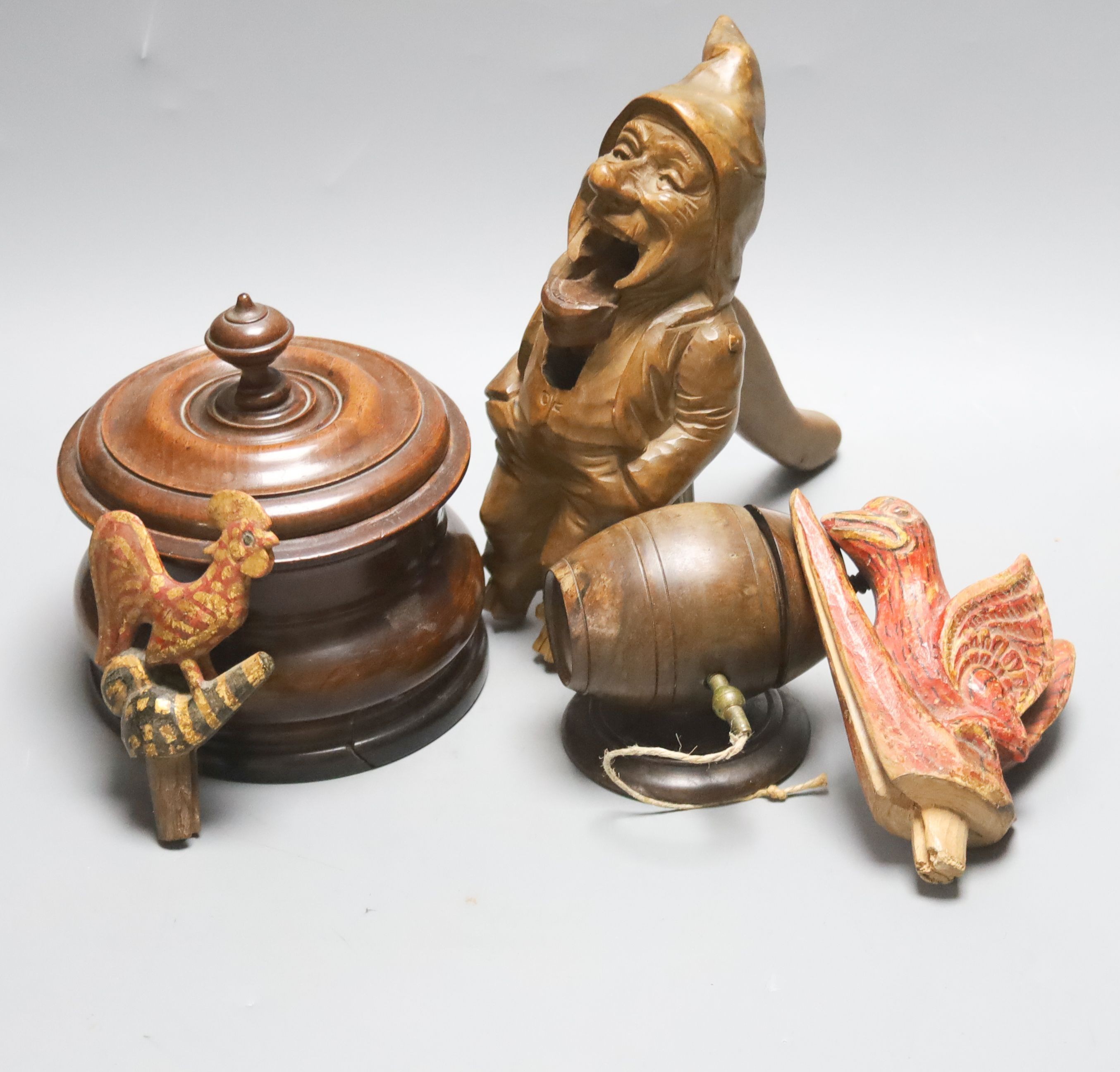 A Lignum Vitae barrel-shaped string holder on circular base, a Dutch turned wood tobacco jar and cover and sundry items